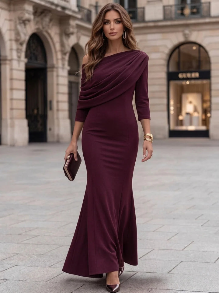 Trumpet/Mermaid One-Shoulder Stretch Satin Cocktail Dresses 3/4 Sleeves Ankle-Length Ruched Party Dresses