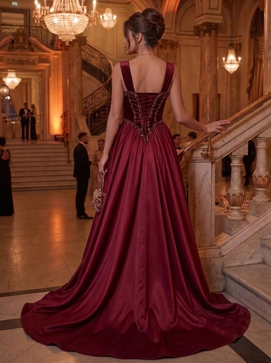 A-Line/Princess Sweetheart Satin Evening Dresses Velvet Sequins Floor-Length Sleeveless Formal Dresses