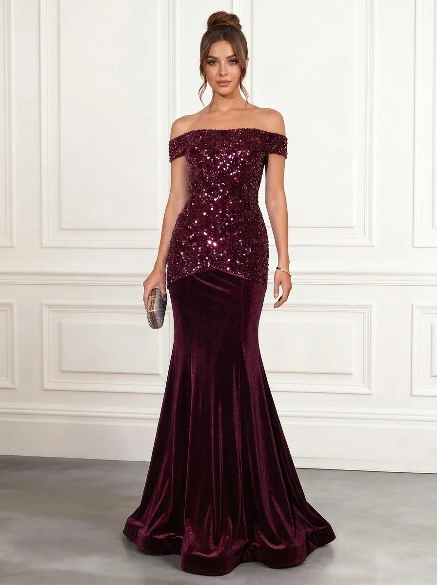 Trumpet/Mermaid Off-the-Shoulder Velvet Evening Dresses Sequins Floor-Length Sleeveless Formal Dresses