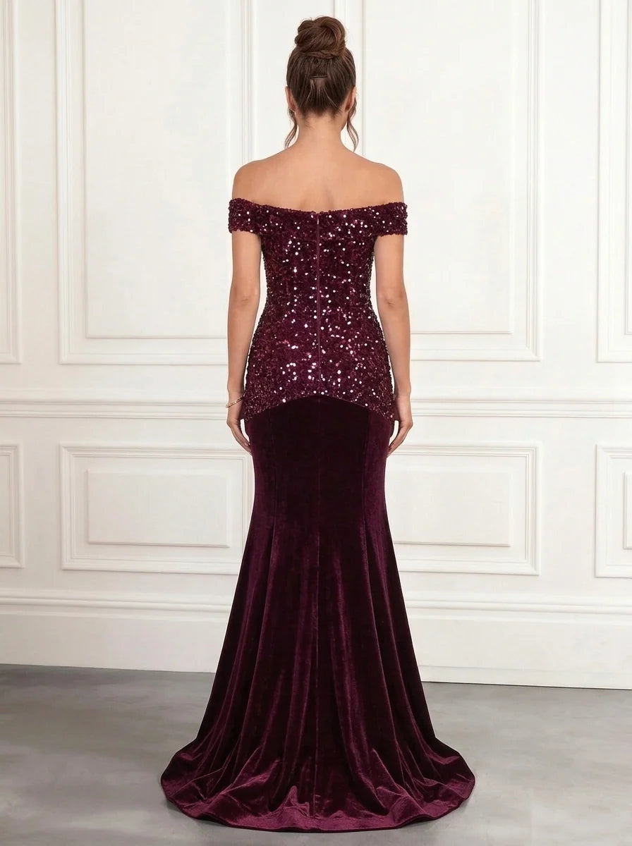 Trumpet/Mermaid Off-the-Shoulder Velvet Evening Dresses Sequins Floor-Length Sleeveless Formal Dresses