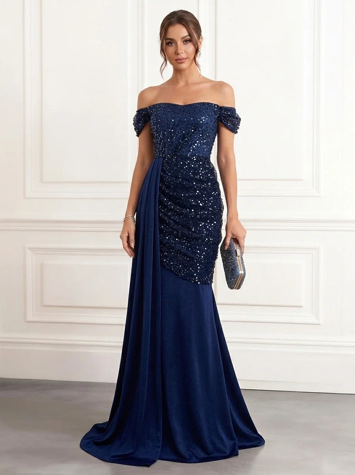 Trumpet/Mermaid Off-the-Shoulder Velvet Evening Dresses with Watteau Train Sequins Floor-Length Sleeveless Formal Dresses