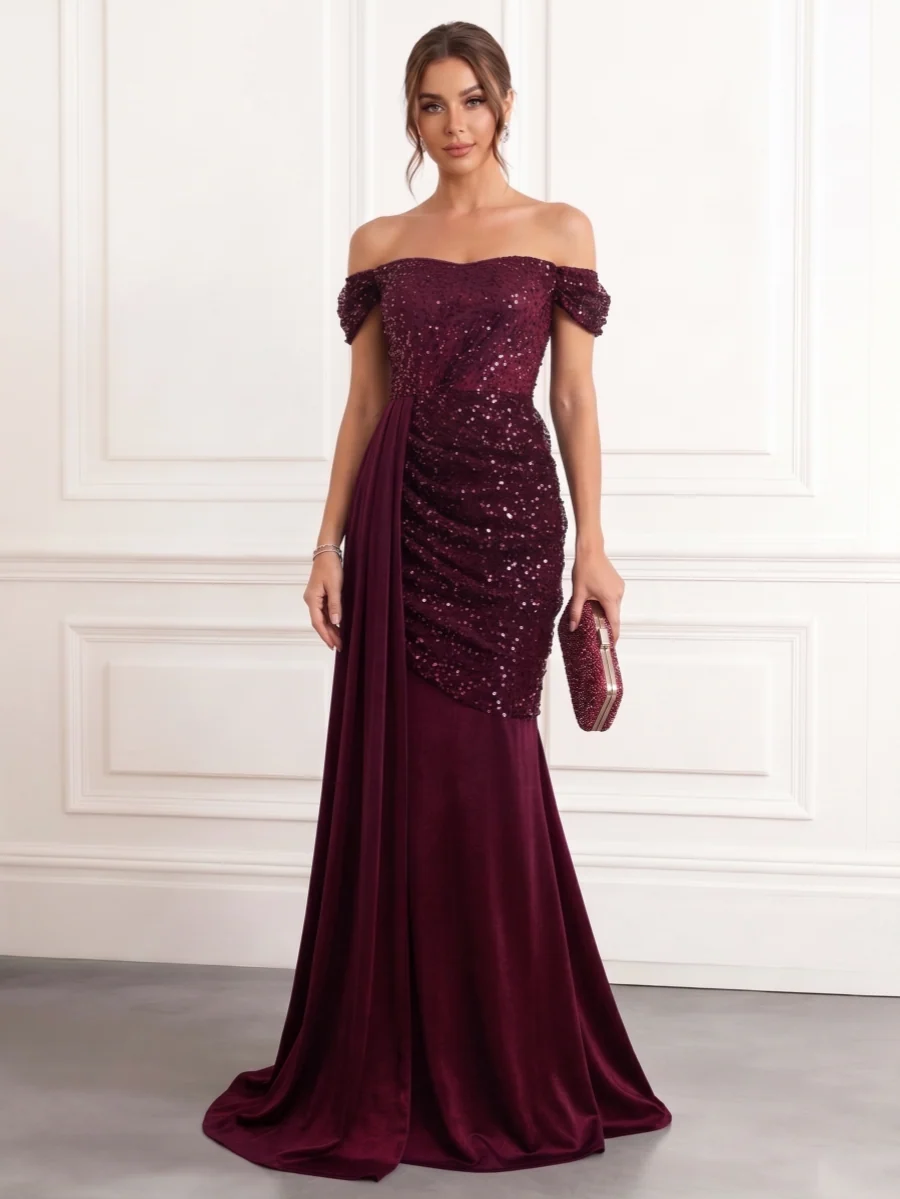 Trumpet/Mermaid Off-the-Shoulder Velvet Evening Dresses with Watteau Train Sequins Floor-Length Sleeveless Formal Dresses