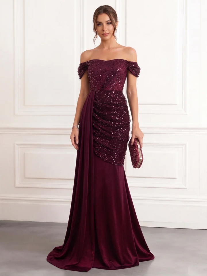 Trumpet/Mermaid Off-the-Shoulder Velvet Evening Dresses with Watteau Train Sequins Floor-Length Sleeveless Formal Dresses