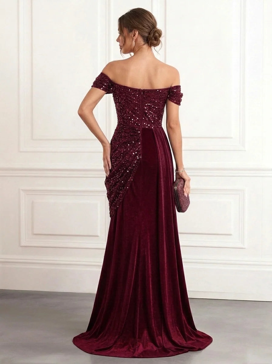 Trumpet/Mermaid Off-the-Shoulder Velvet Evening Dresses with Watteau Train Sequins Floor-Length Sleeveless Formal Dresses