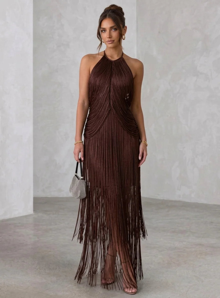 A-Line/Princess Halter Fringe Cocktail Dresses Tassels Sleeveless Floor-Length Party Dresses