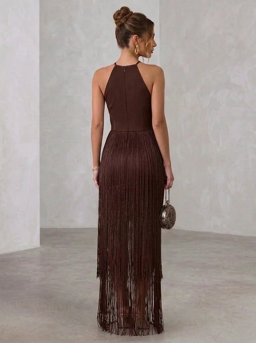 A-Line/Princess Halter Fringe Cocktail Dresses Tassels Sleeveless Floor-Length Party Dresses