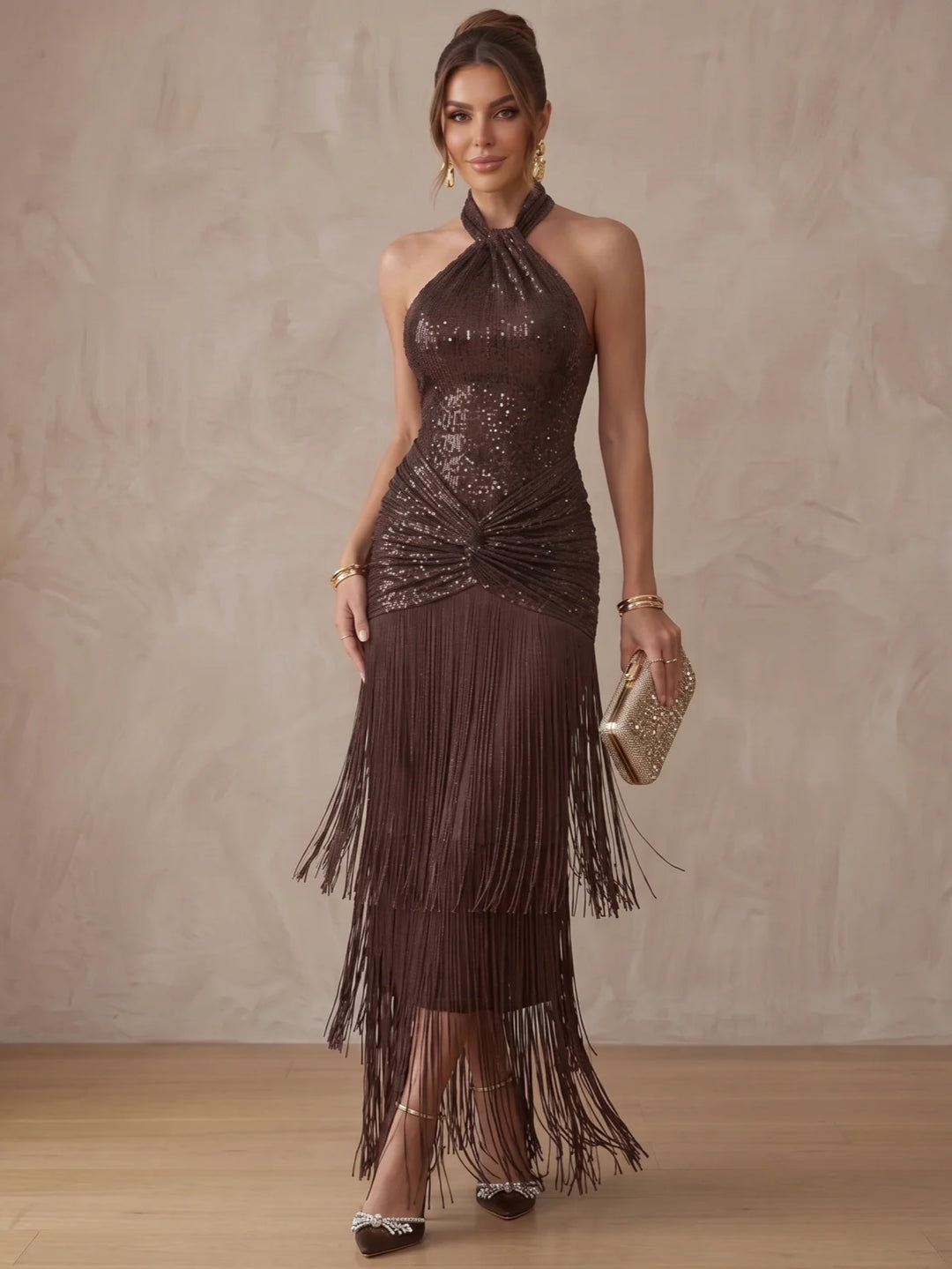 Sheath/Column Halter Sequins Cocktail Dresses Fringe Ankle-Length Sleeveless Tassels Ruched Party Dresses