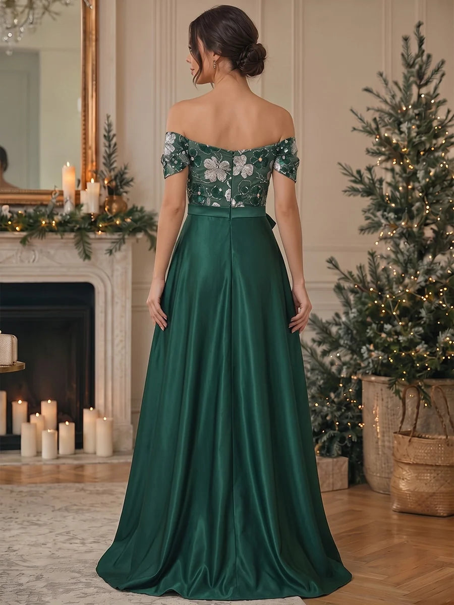 A-Line/Princess Off-the-Shoulder Satin Evening Dresses with Split Side Bowknot Floor-Length Sleeveless Sequins Floral Formal Dresses