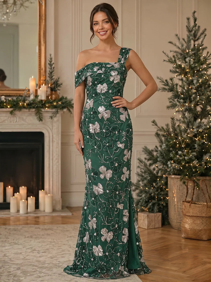 Trumpet/Mermaid Asymmetrical Neck Evening Dresses Floral Sequins Floor-Length Sleeveless Formal Dresses