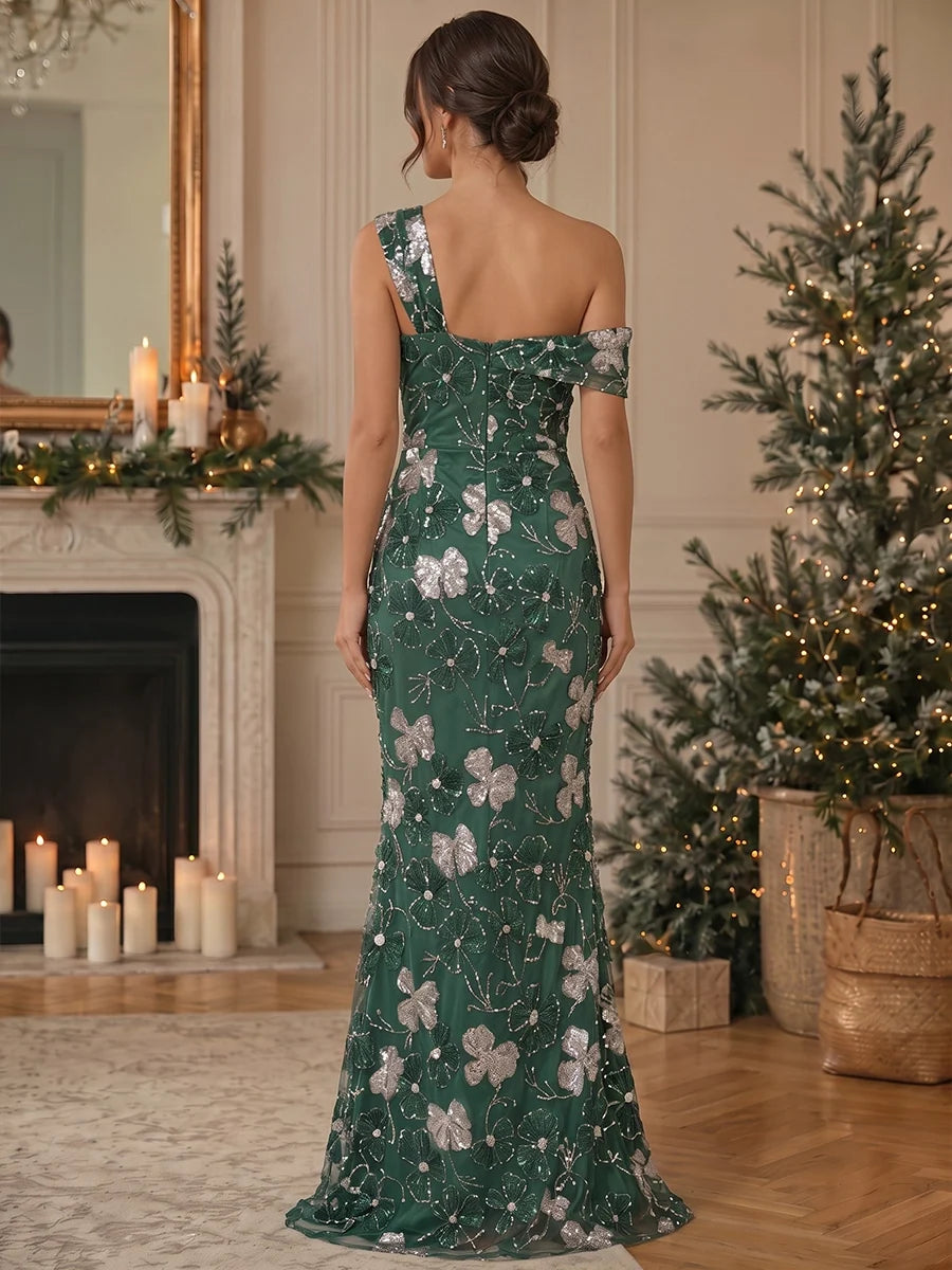 Trumpet/Mermaid Asymmetrical Neck Evening Dresses Floral Sequins Floor-Length Sleeveless Formal Dresses