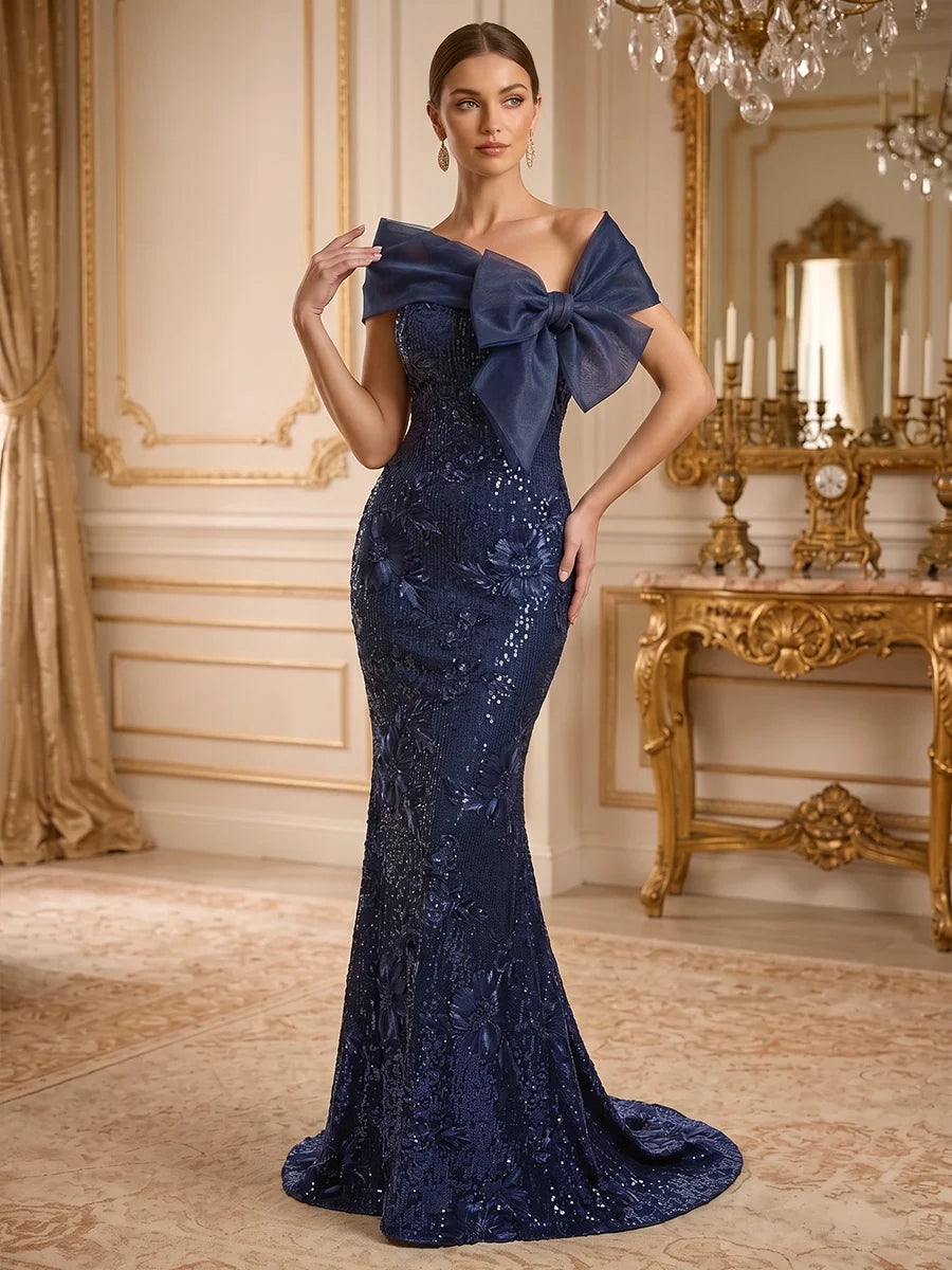 Trumpet/Mermaid Off-the-Shoulder Floral Sequins Evening Dresses Floor-Length Organza Bowknot Sleeveless Formal Dresses