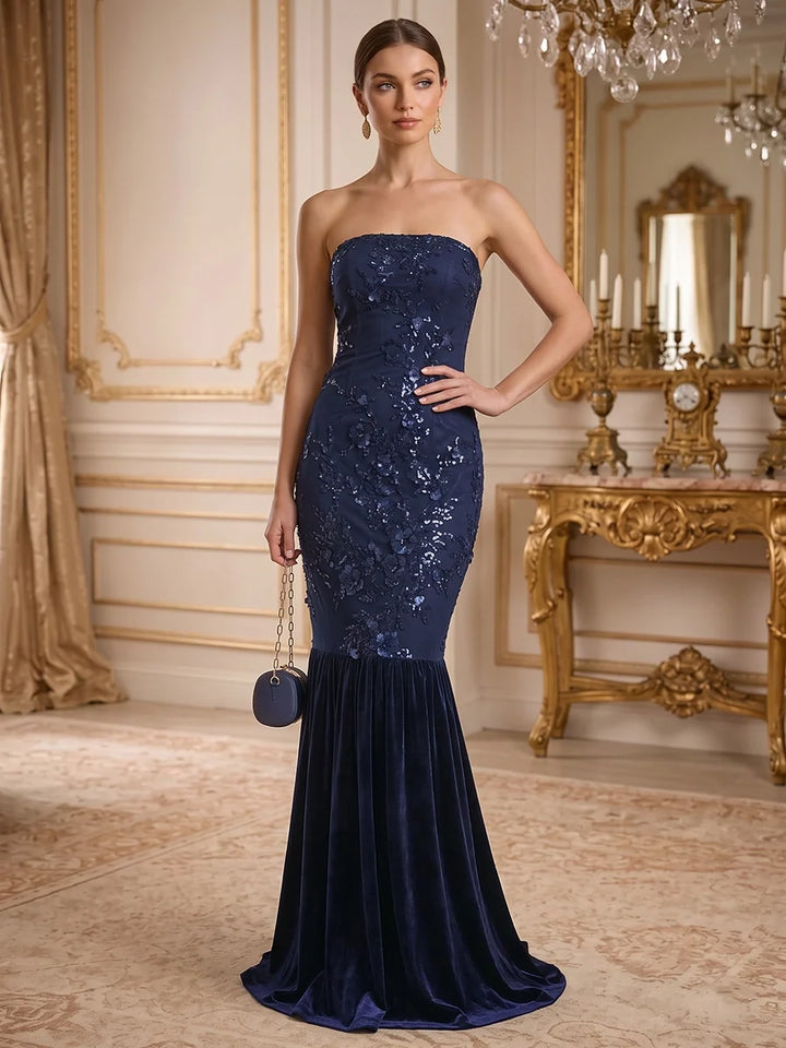 Trumpet/Mermaid Strapless Floral Sequins Evening Dresses Velvet Floor-Length Sleeveless Formal Dresses