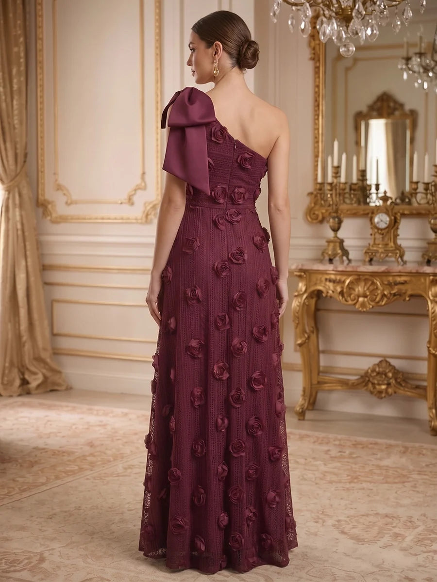 A-Line/Princess One-Shoulder Lace Evening Dresses with 3D Flowers Floor-Length Sleeveless Bowknot Formal Dresses