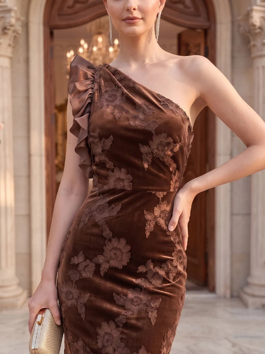 Trumpet/Mermaid One-Shoulder Velvet Floral Evening Dresses Floor-Length Ruffles Sleeveless Formal Dresses
