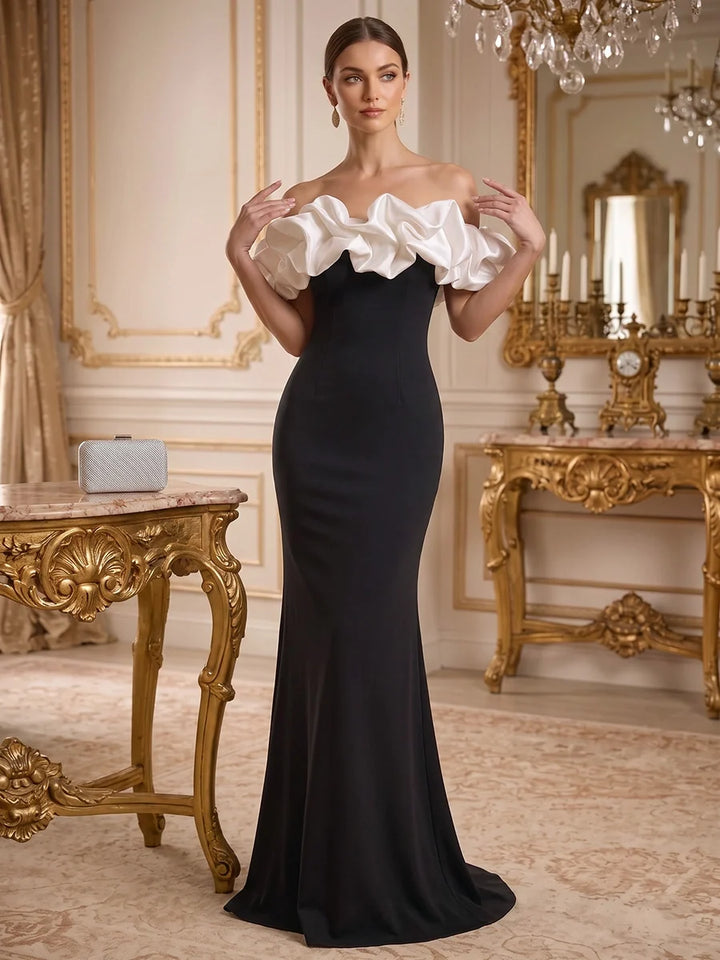 Trumpet/Mermaid Off-the-Shoulder Stretch Satin Evening Dresses Ruffles Floor-Length Sleeveless Formal Dresses