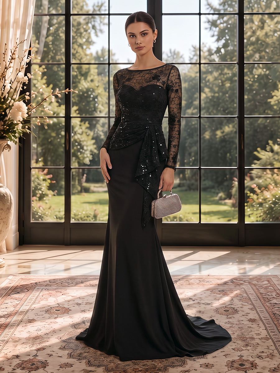 Trumpet/Mermaid Scoop Satin Evening Dresses Floor-Length Lace Floral Long Sleeves Ruffles Formal Dresses