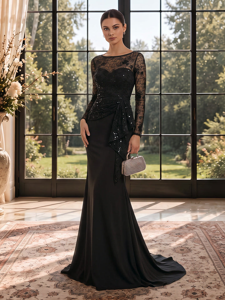 Trumpet/Mermaid Scoop Satin Evening Dresses Floor-Length Lace Floral Long Sleeves Ruffles Formal Dresses