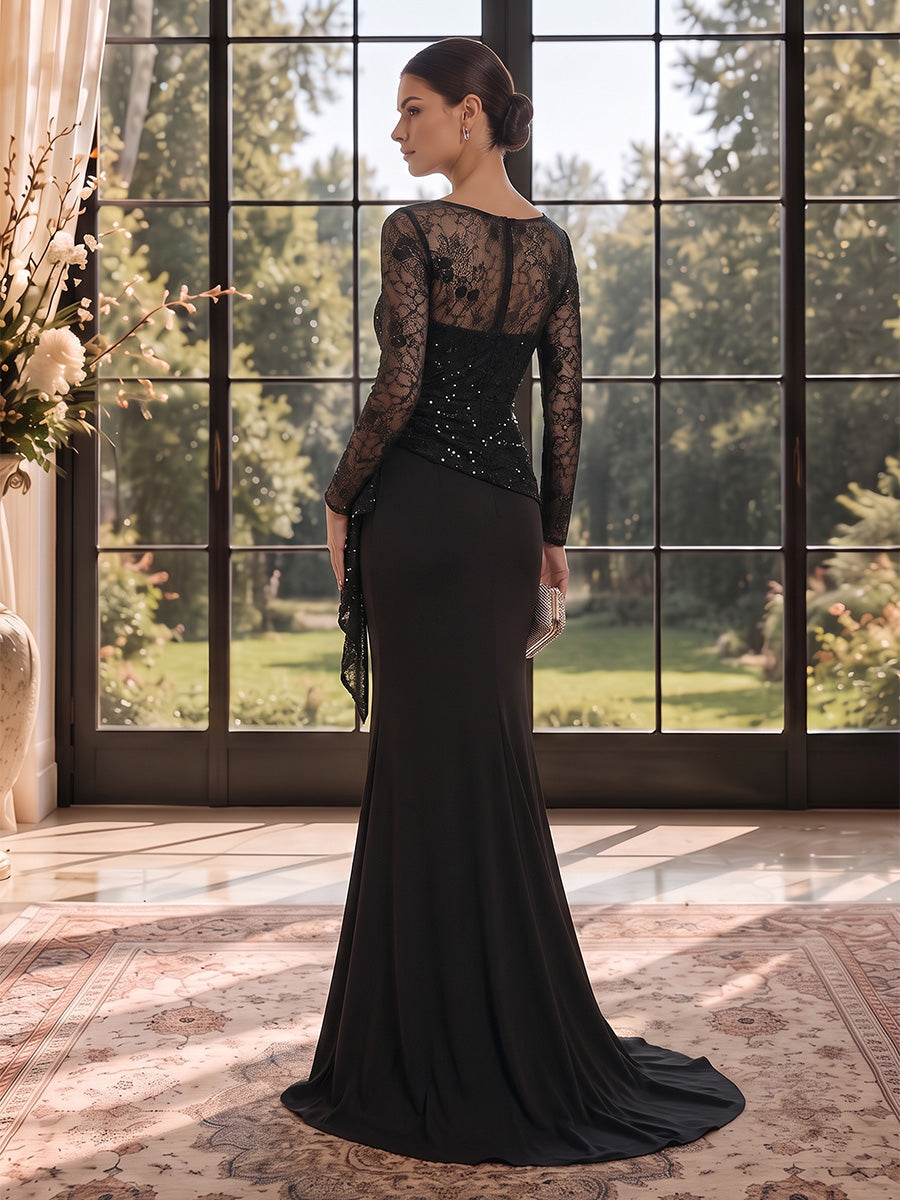Trumpet/Mermaid Scoop Satin Evening Dresses Floor-Length Lace Floral Long Sleeves Ruffles Formal Dresses