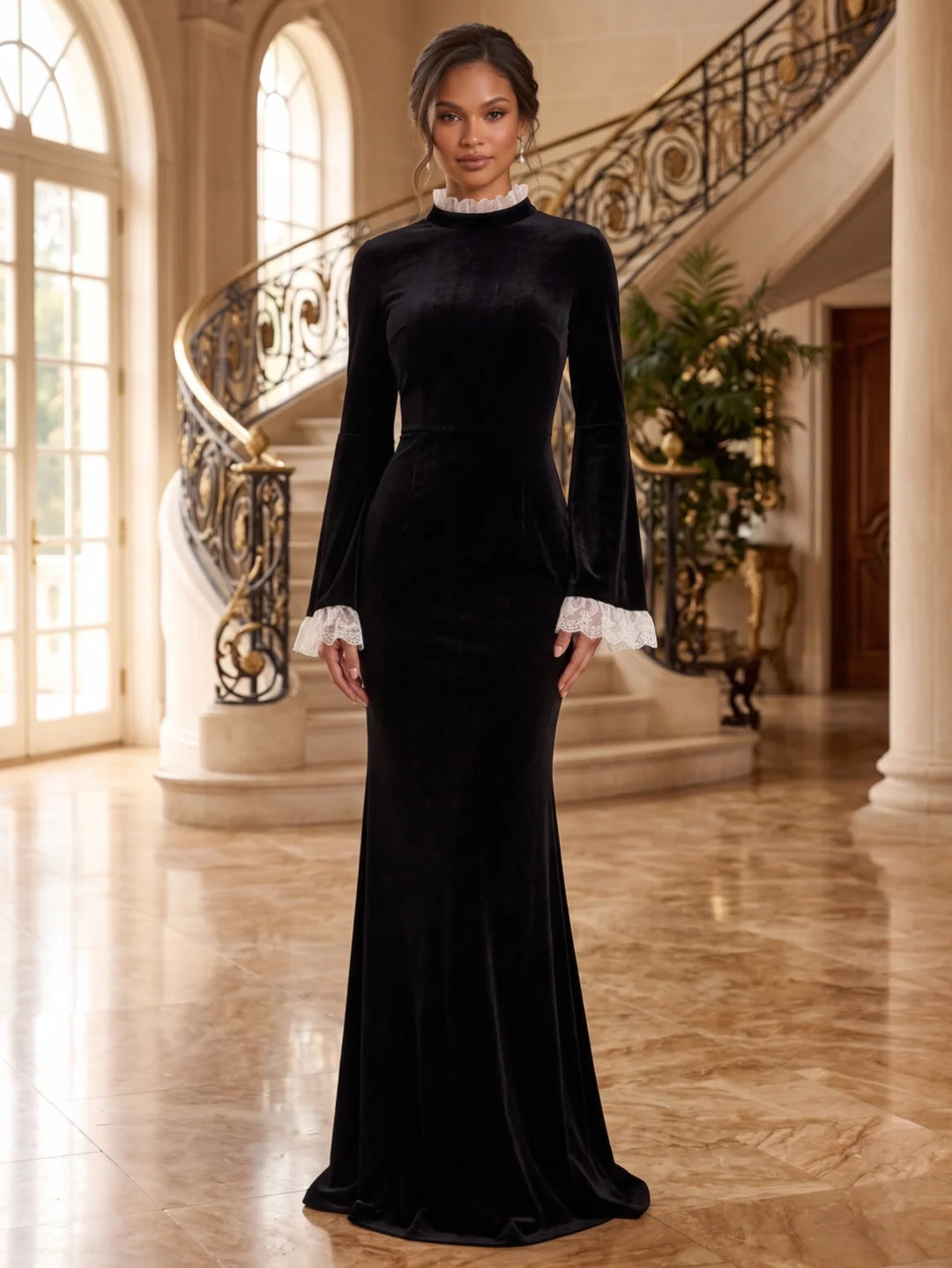 Sheath/Column Mock Neck Velvet Evening Dresses Lace Floor-Length Long Sleeves Formal Dresses