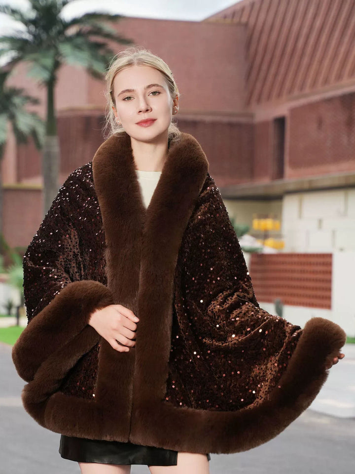Women's Winter Faux Fur Trim Sequin Shawl/Wrap
