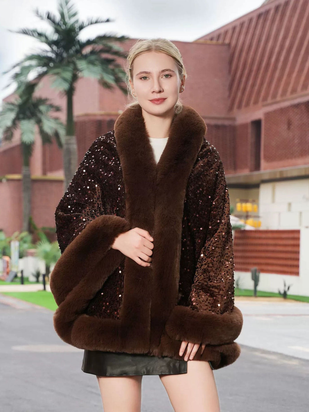 Women's Winter Faux Fur Trim Sequin Shawl/Wrap