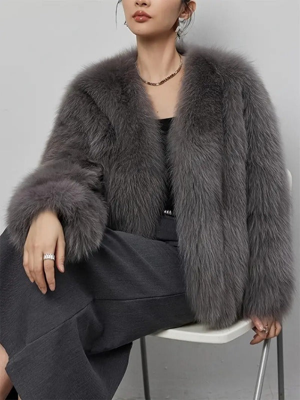 Women’s Fluffy Faux Fur Long Sleeves Winter Warm Cropped Jackets