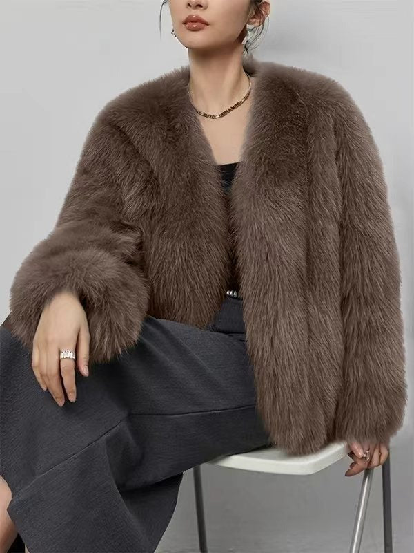 Women’s Fluffy Faux Fur Long Sleeves Winter Warm Cropped Jackets