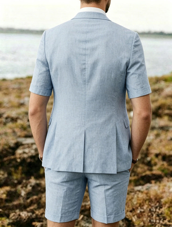 Men's Sky Blue Linen Lapel Neck Short Sleeve 3-Piece Set