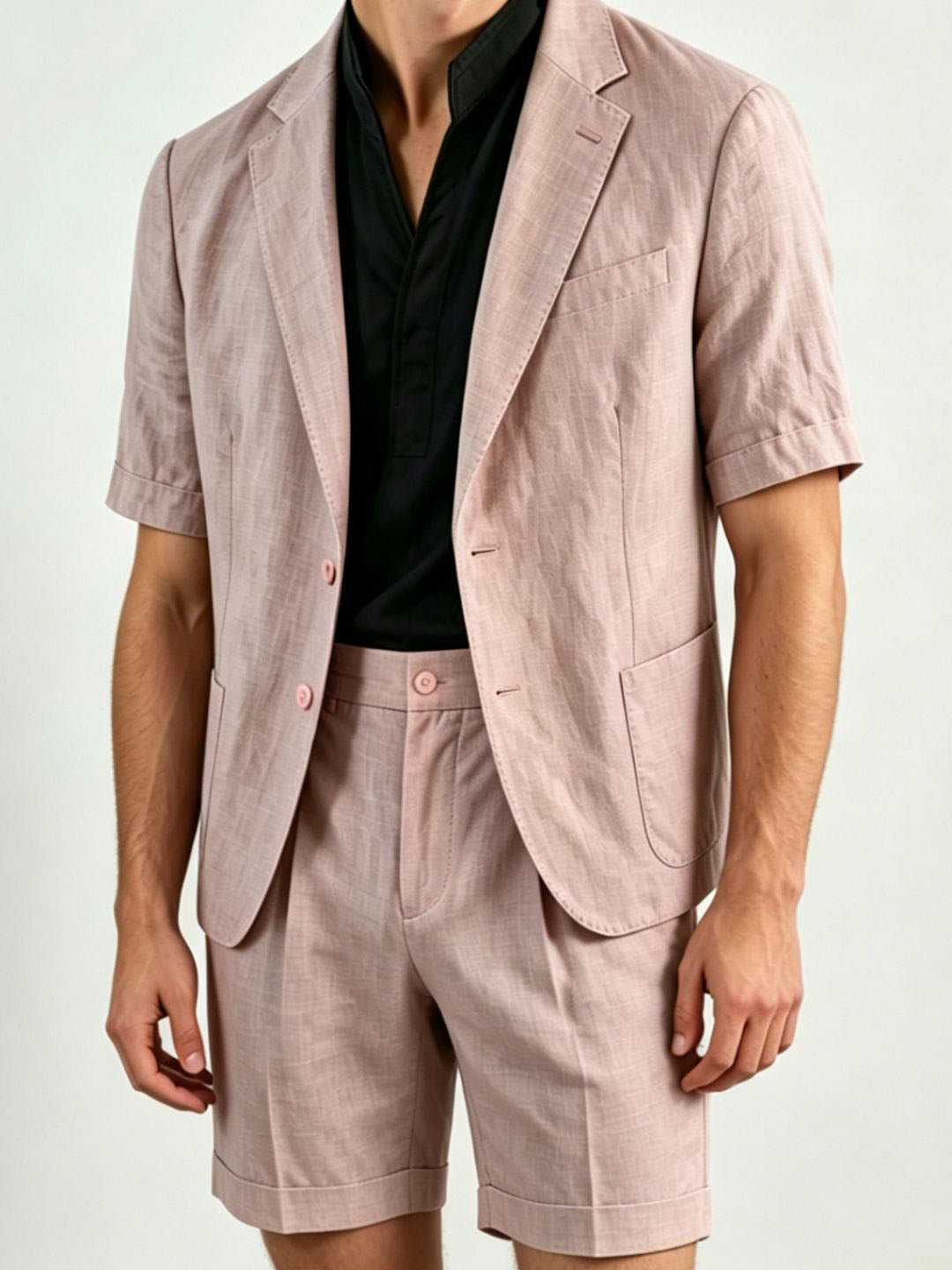 Men's Single Breasted Two-Buttons 2 Pieces Solid coloured Linen Suits Short Sleeves