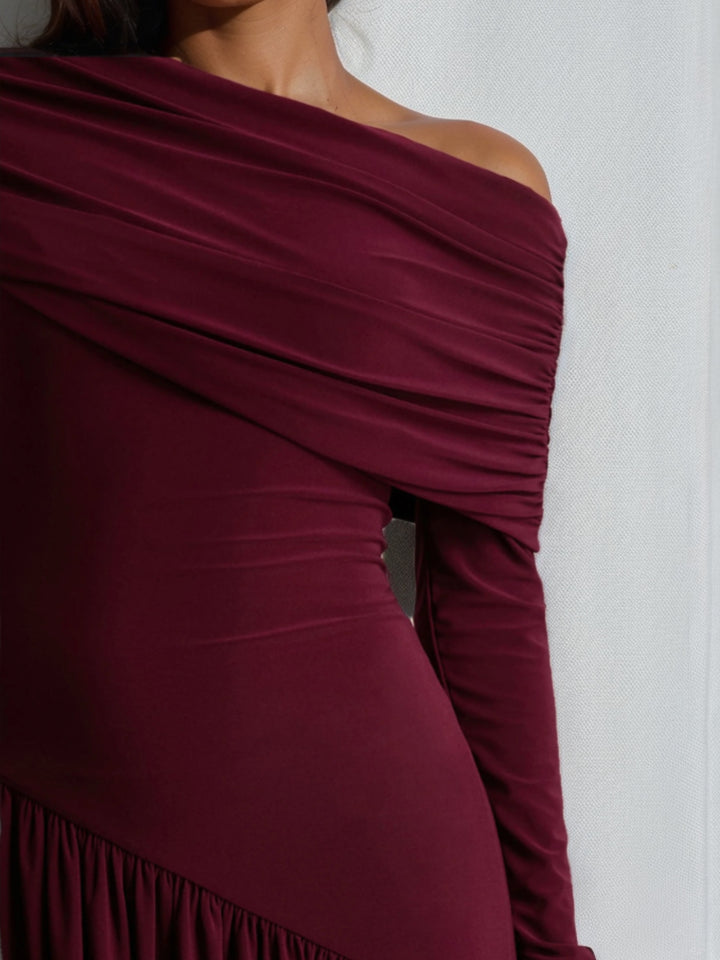 A-Line/Princess One-Shoulder Long Sleeves Ankle-Length Wedding Guest Dresses