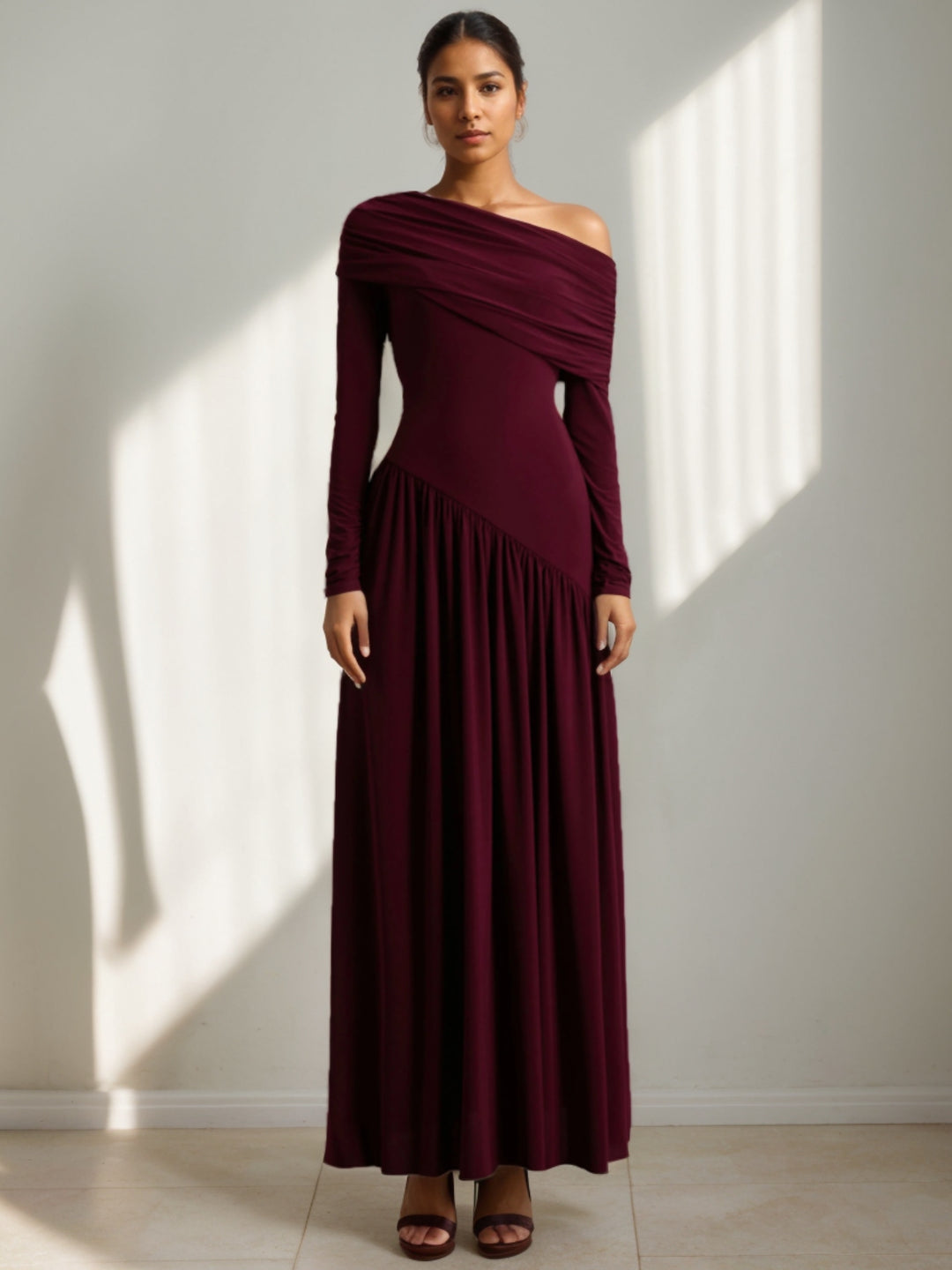 A-Line/Princess One-Shoulder Long Sleeves Ankle-Length Wedding Guest Dresses