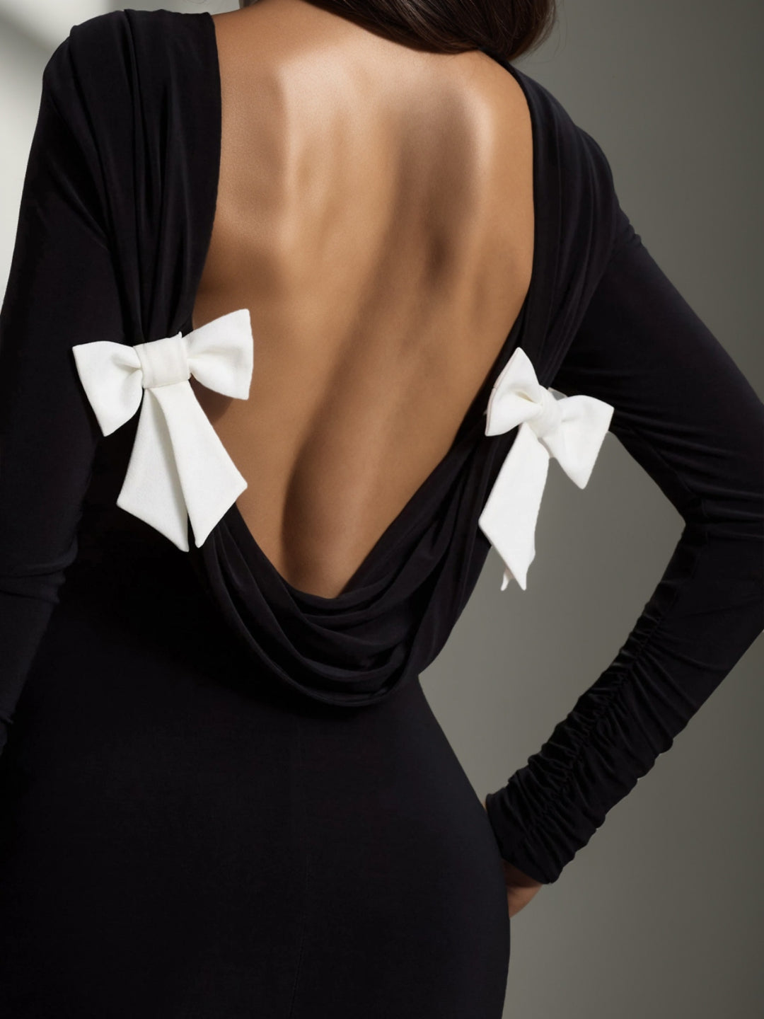 Trumpet/Mermaid Crew Neck Long Sleeves Wedding Guest Dresses Backless with Bow-Knots
