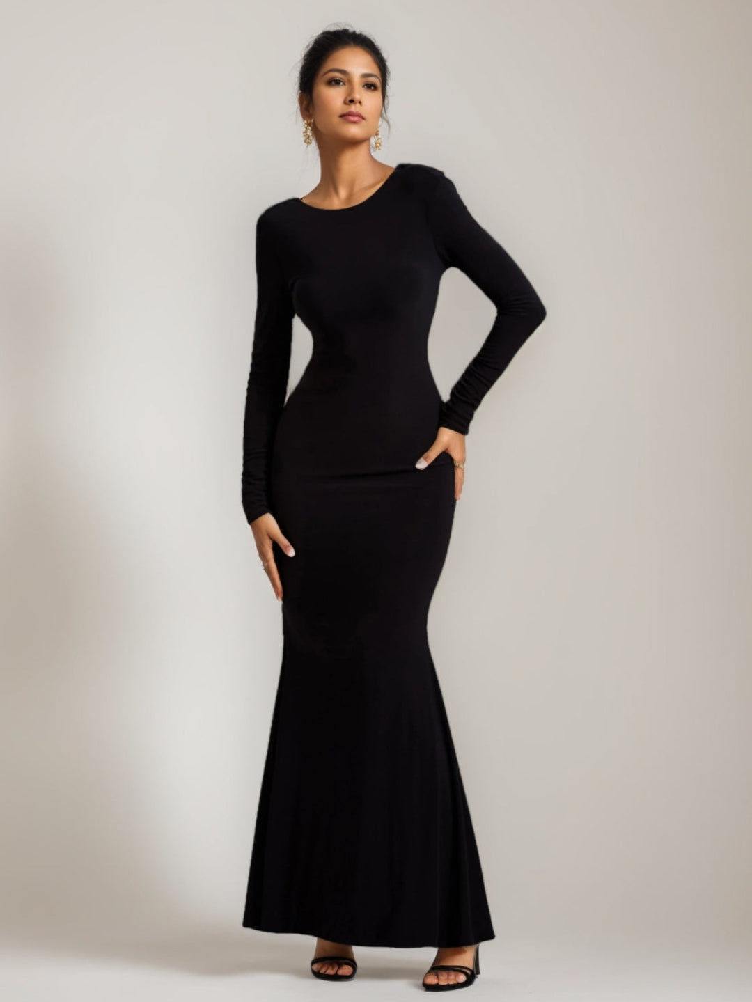 Trumpet/Mermaid Crew Neck Long Sleeves Wedding Guest Dresses Backless with Bow-Knots