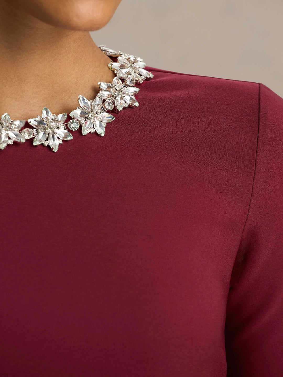 A-Line/Princess Crew Neck Long Sleeves Wedding Guest Dresses Tea-Length Rhinestones