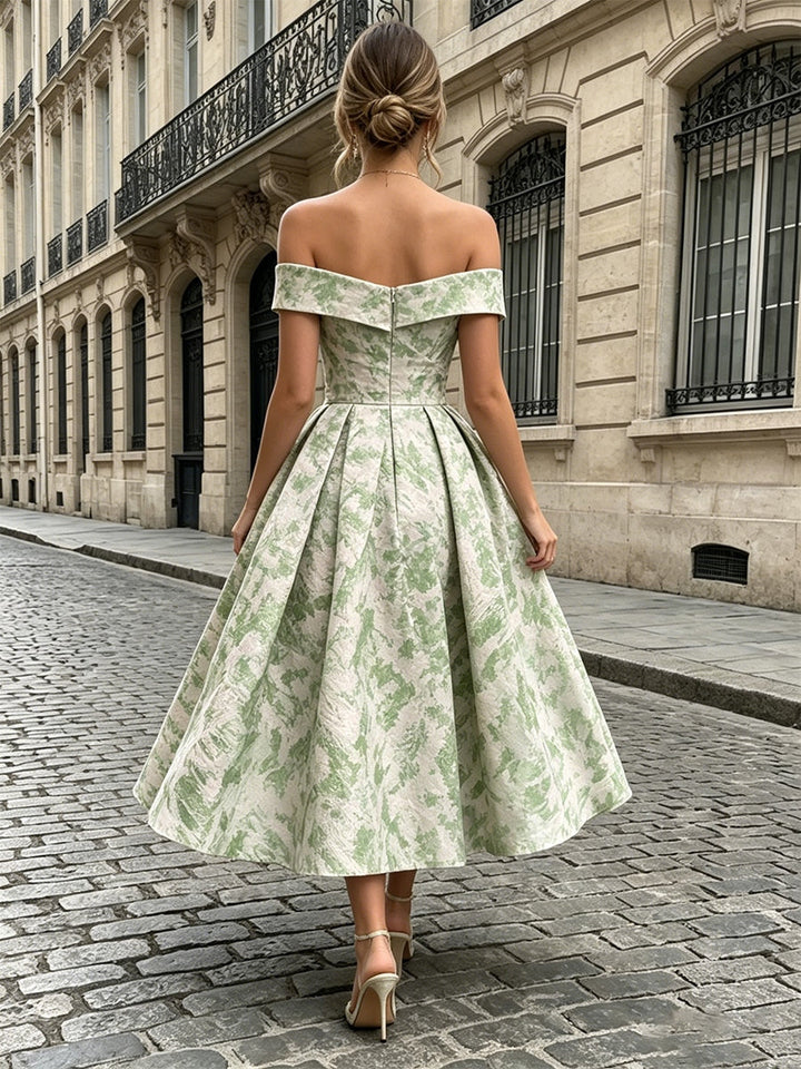 A-Line/Princess Off-the-Shoulder Jacquard Cocktail Dresses Tea-Length Sleeveless Party Dresses
