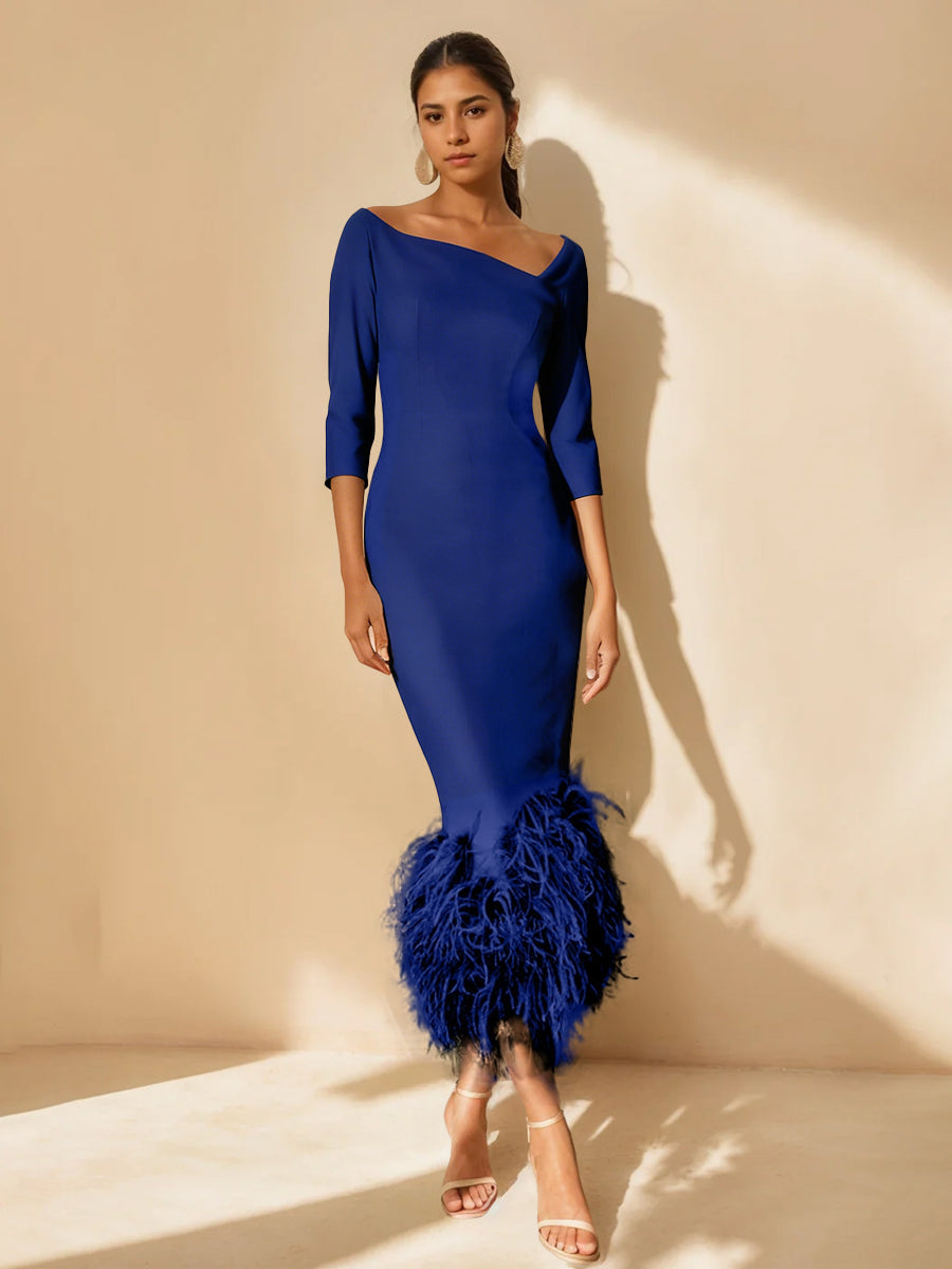 Sheath/Column Off-the-Shoulder 3/4 Sleeves Tea-Length Unique Mother of the Bride Dresses with Feathers