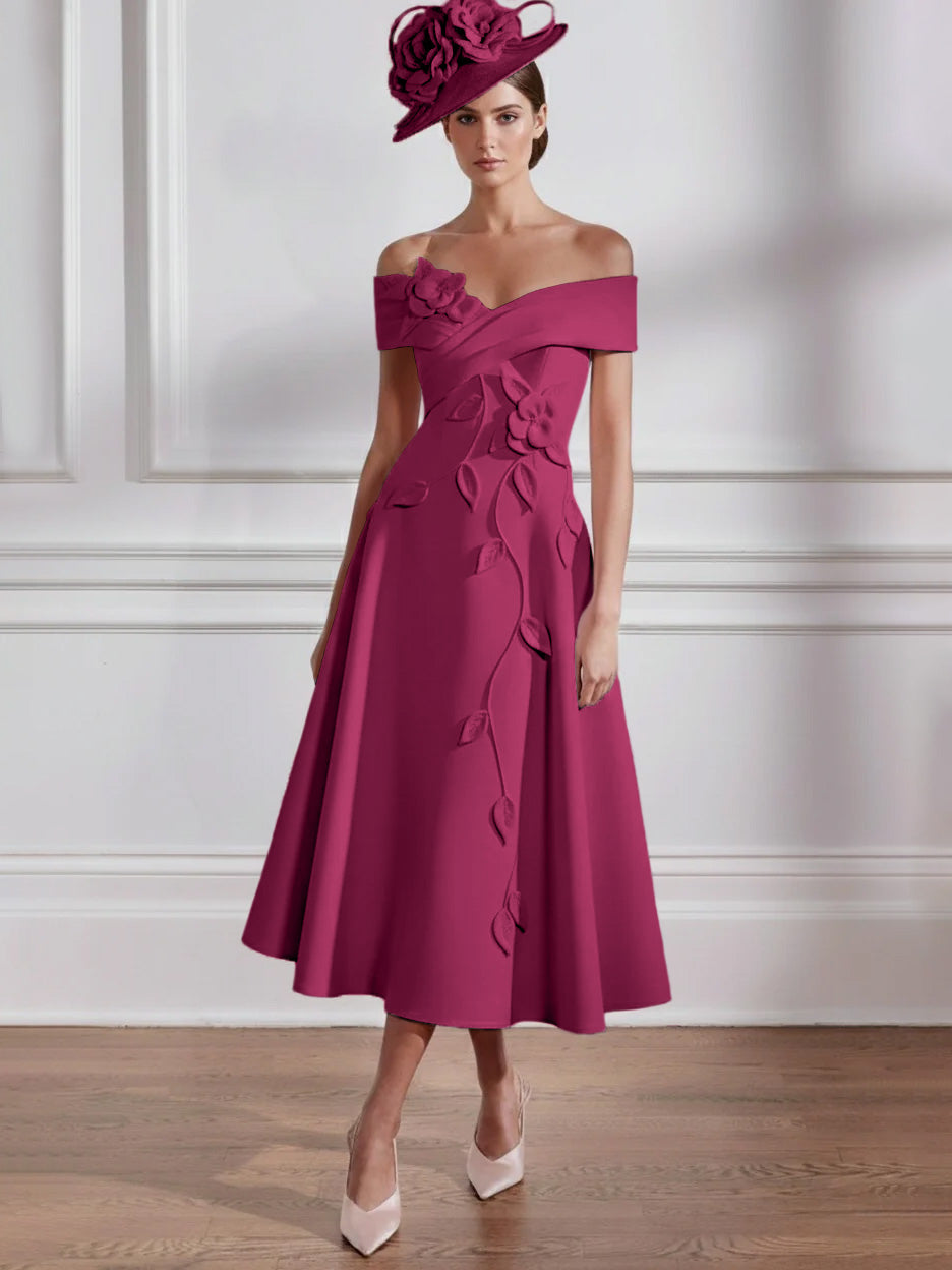 A-Line/Princess Off-the-shoulder Tea-Length Mother of the Bride Dresses with 3D Flowers