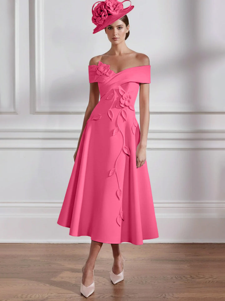 A-Line/Princess Off-the-shoulder Tea-Length Mother of the Bride Dresses with 3D Flowers