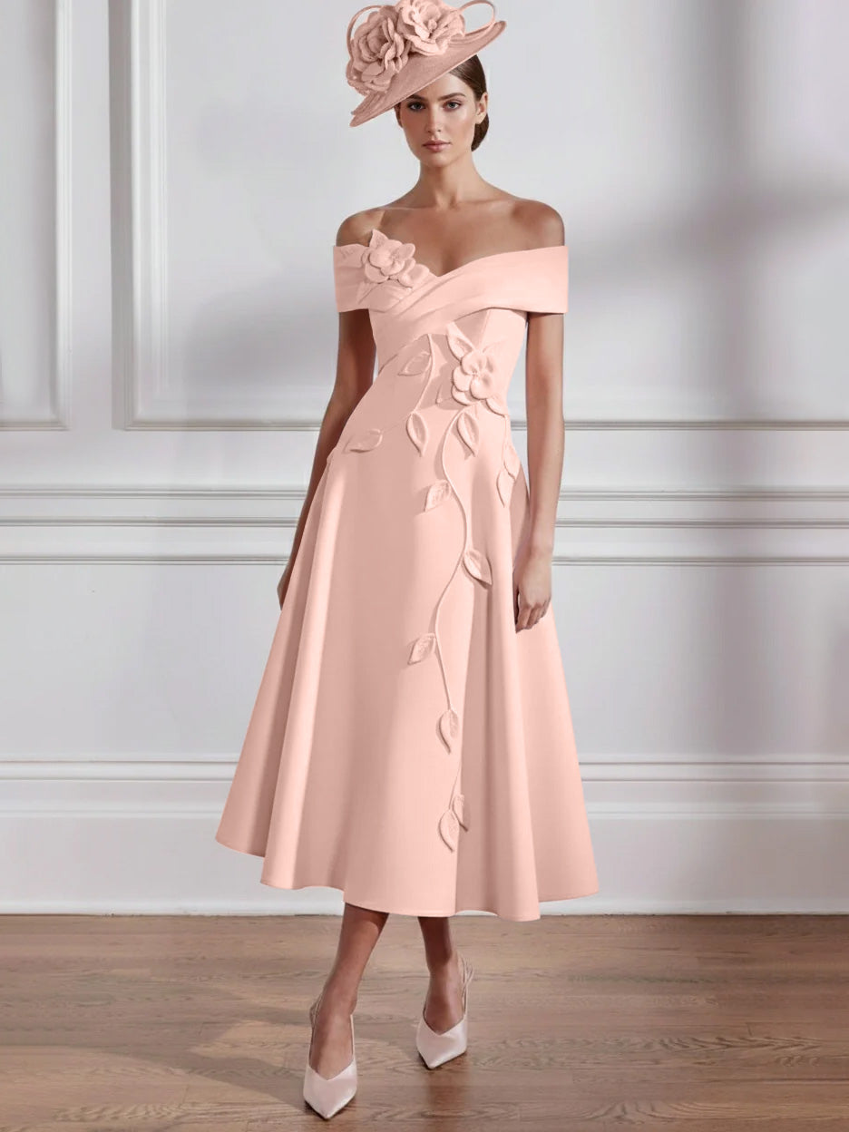 A-Line/Princess Off-the-shoulder Tea-Length Mother of the Bride Dresses with 3D Flowers