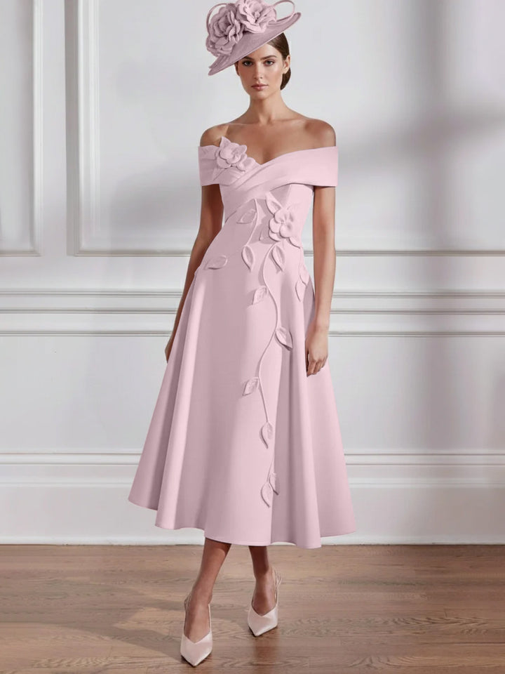 A-Line/Princess Off-the-shoulder Tea-Length Mother of the Bride Dresses with 3D Flowers