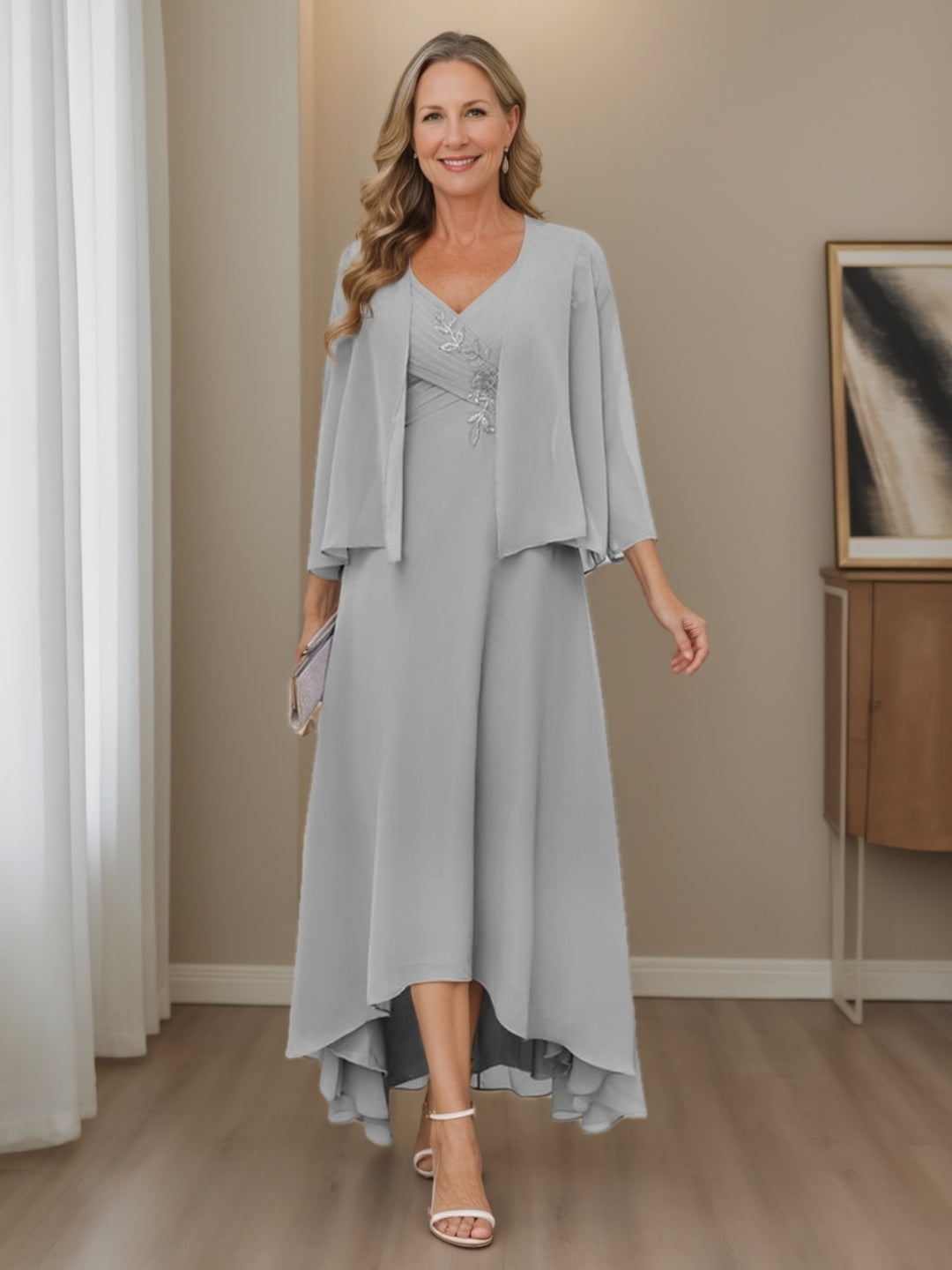 A-Line/Princess V-Neck Chiffon Mother of the Bride Ankle-Length with Appliques Ruched 3/4 Sleeves