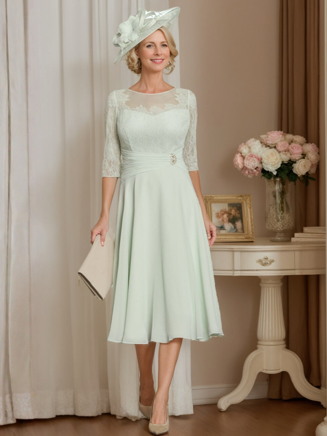 A-Line/Princess Scoop Tea-Length Mother of the Bride Dresses 3/4 Sleeves with laces