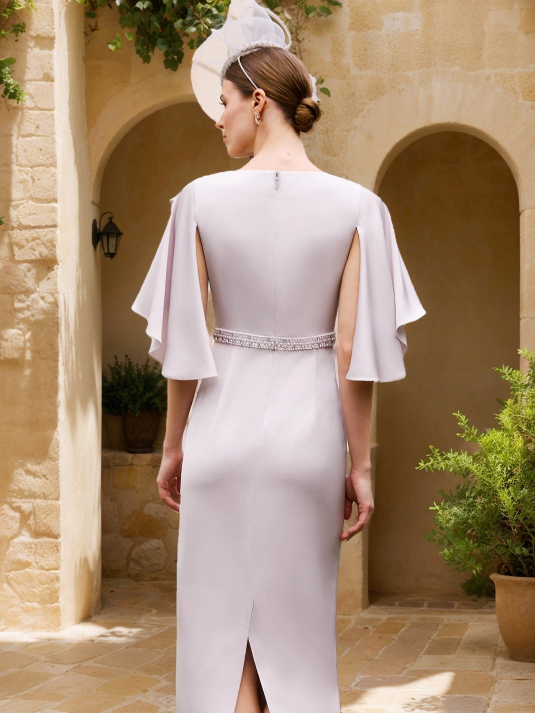 Sheath/Column Round Neck Tea-Length Mother of the Bride Dresses with Cape Sleeves and a Bow