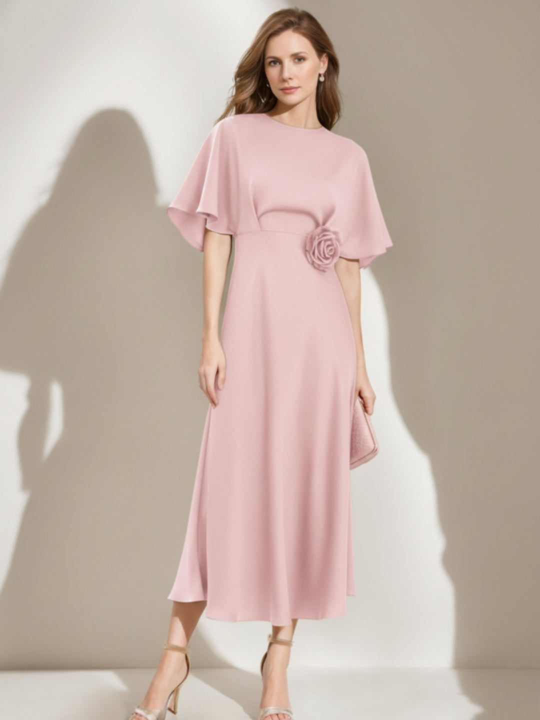 A-Line/Princess Round Neck Tea-Length Cape Sleeves Mother of the Bride Dresses with Floral