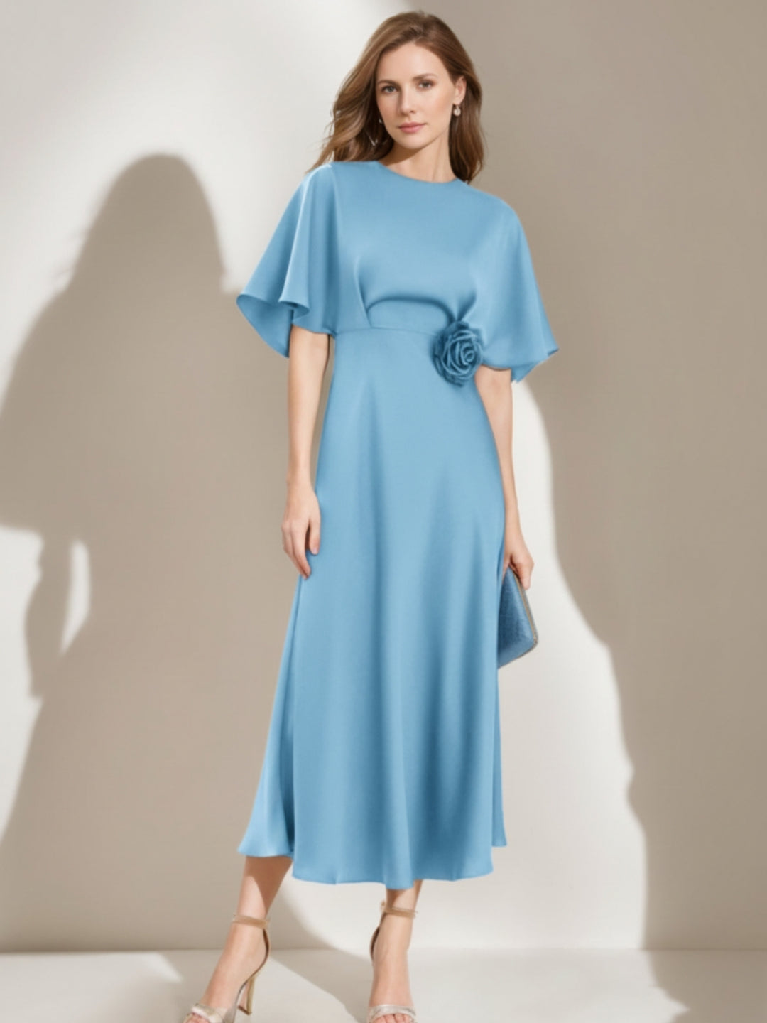 A-Line/Princess Round Neck Tea-Length Cape Sleeves Mother of the Bride Dresses with Floral