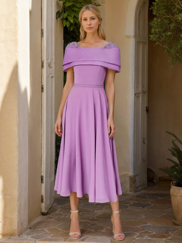 A-Line/Princess Wrap Neck Tea-Length Draped Sleeves Mother of the Bride Dresses with Beading