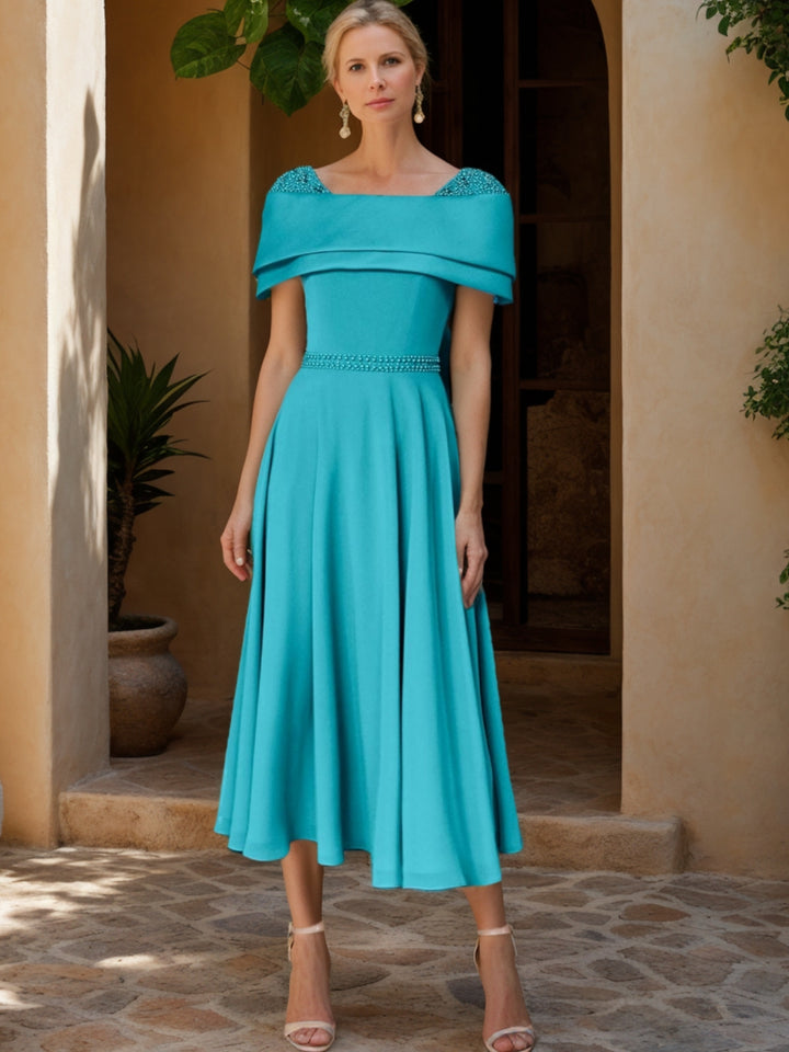 A-Line/Princess Wrap Neck Tea-Length Draped Sleeves Mother of the Bride Dresses with Beading