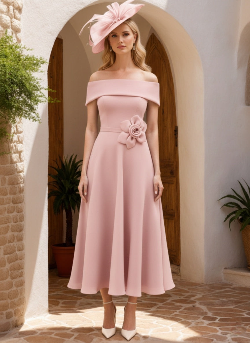 A-Line/Princess Off-the-Shoulder Ankle-Length Short Sleeves Mother of the Bride Dresses with 3D Flower