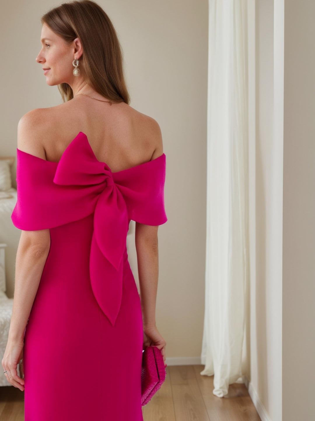 Sheath/Column Off-the-Shoulder Floor-Length Wedding Guest Dresses with Bow on the Back