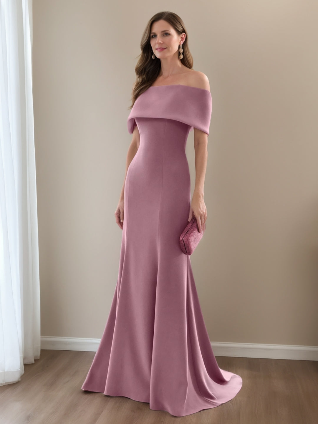Sheath/Column Off-the-Shoulder Floor-Length Wedding Guest Dresses with Bow on the Back